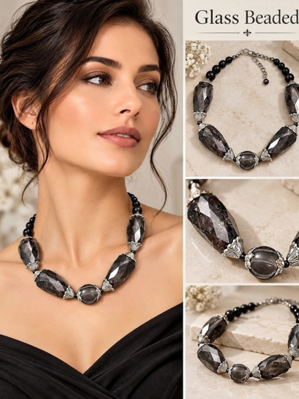 Vintage 
Glass Beaded Statement Necklace in Black & Gray